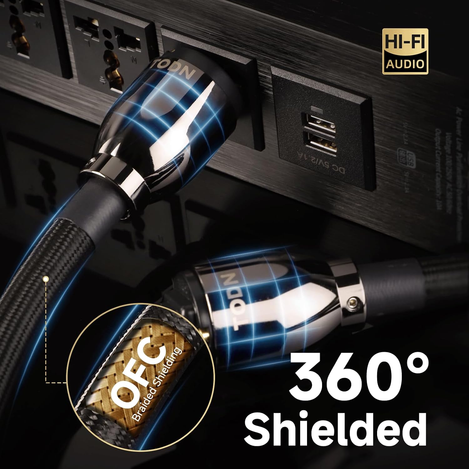 TODN Hi-end Power Cable for Audiophile, HiFi Audio Power Cord with O-C-C Cores, Pure Copper Shell, 24K Gold-Plated US Plug, Φ17.5mm, 10ft/3m