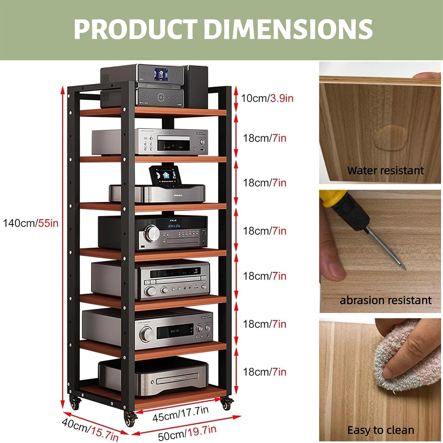 7-Tier Av Media Stand, Audio Rack with Adjustable Shelves, Stereo Racks and Stands with Wheels, Stereo Rack for Home, Office, Theater(A)