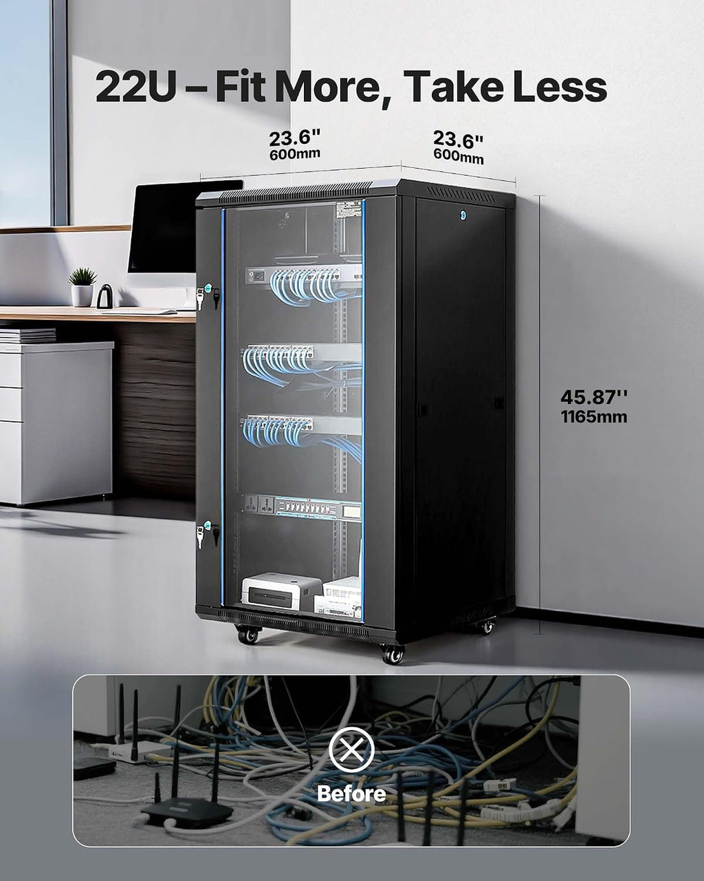 VEVOR 22U Server Rack Cabinet, Network Cabinet Wall Mount, 23.6 in Depth, Network Rack Enclosure with Locking Tempered Glass Door, 4 Casters, Side Panels, for 19'' IT Equipment, A/V Devices