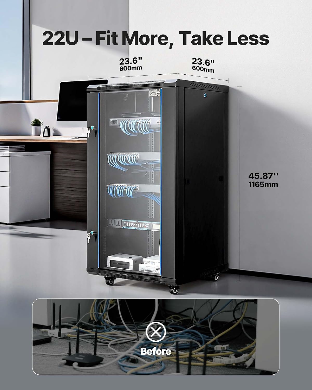 VEVOR 22U Server Rack Cabinet, Network Cabinet Wall Mount, 23.6 in Depth, Network Rack Enclosure with Locking Tempered Glass Door, 4 Casters, Side Panels, for 19'' IT Equipment, A/V Devices