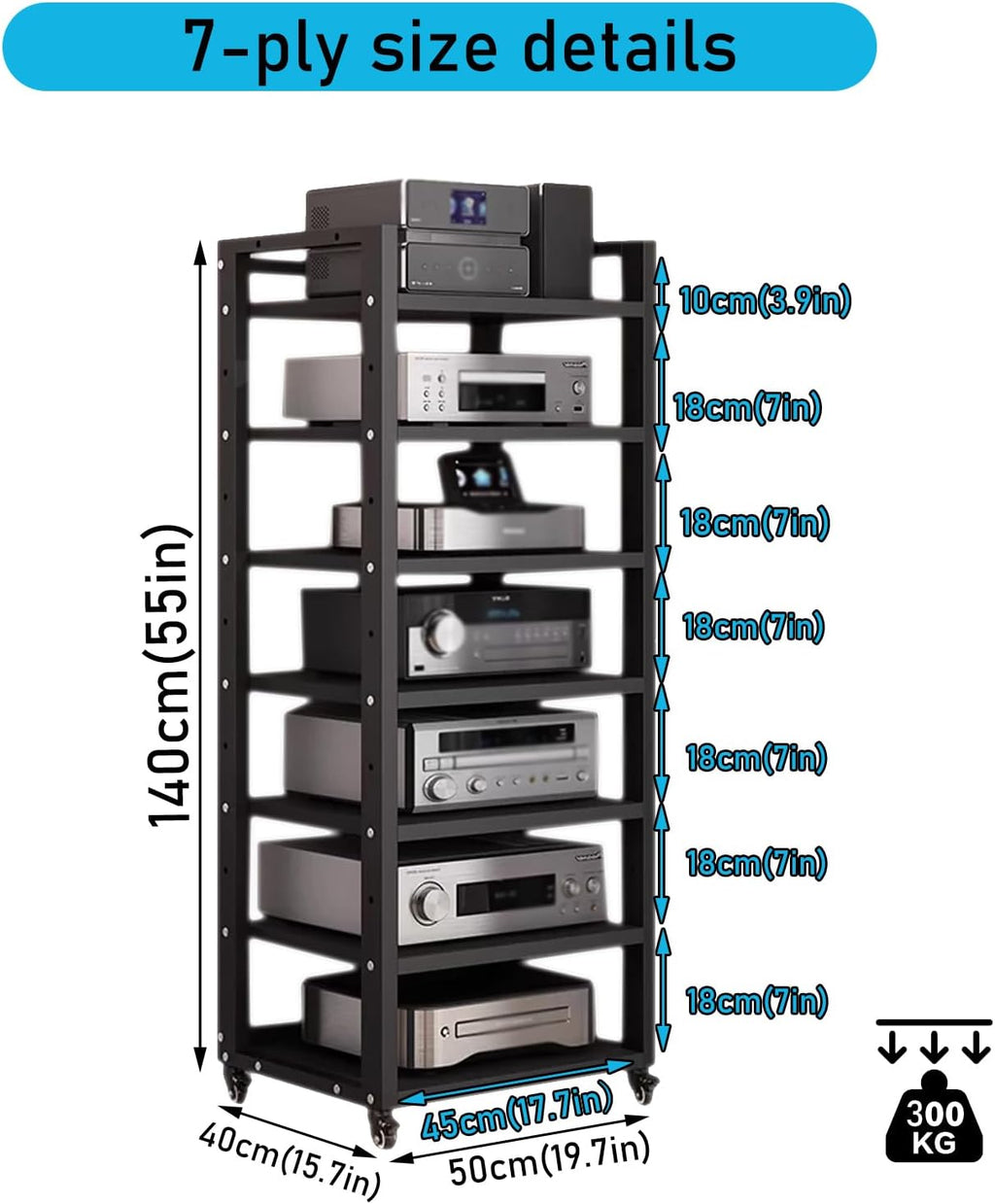 7 Tier Audio Rack Tower, CD Record Player Stereo Receiver AV Equipment Cabinet Display Rack, Weight Capacity 661 lbs, with Adjustable Wooden Shelves for Home (7 Tier Black)