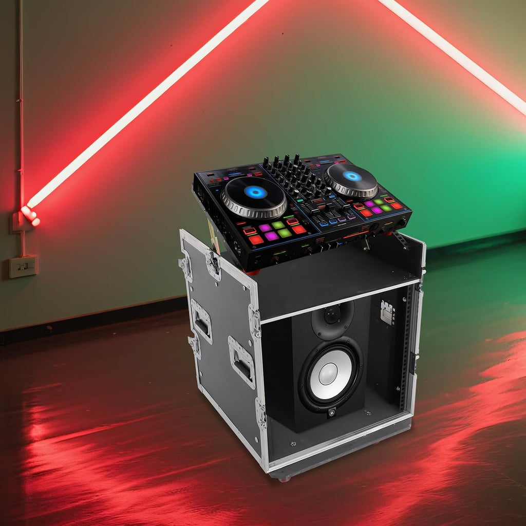 14U PA DJ Rack Case with Wheels, Heavy-Duty Slant Top DJ Mixer Rack, Professional Audio Equipment Rack for Studio, Live Sound (14U)
