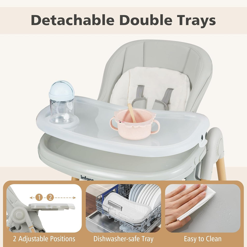 INFANS Baby High Chair, High Chairs for Babies & Toddlers with Adjustable Height Backrest Footrest Removable Tray, Easy to Clean PU Seat Convertible Quick Folding Portable Highchair