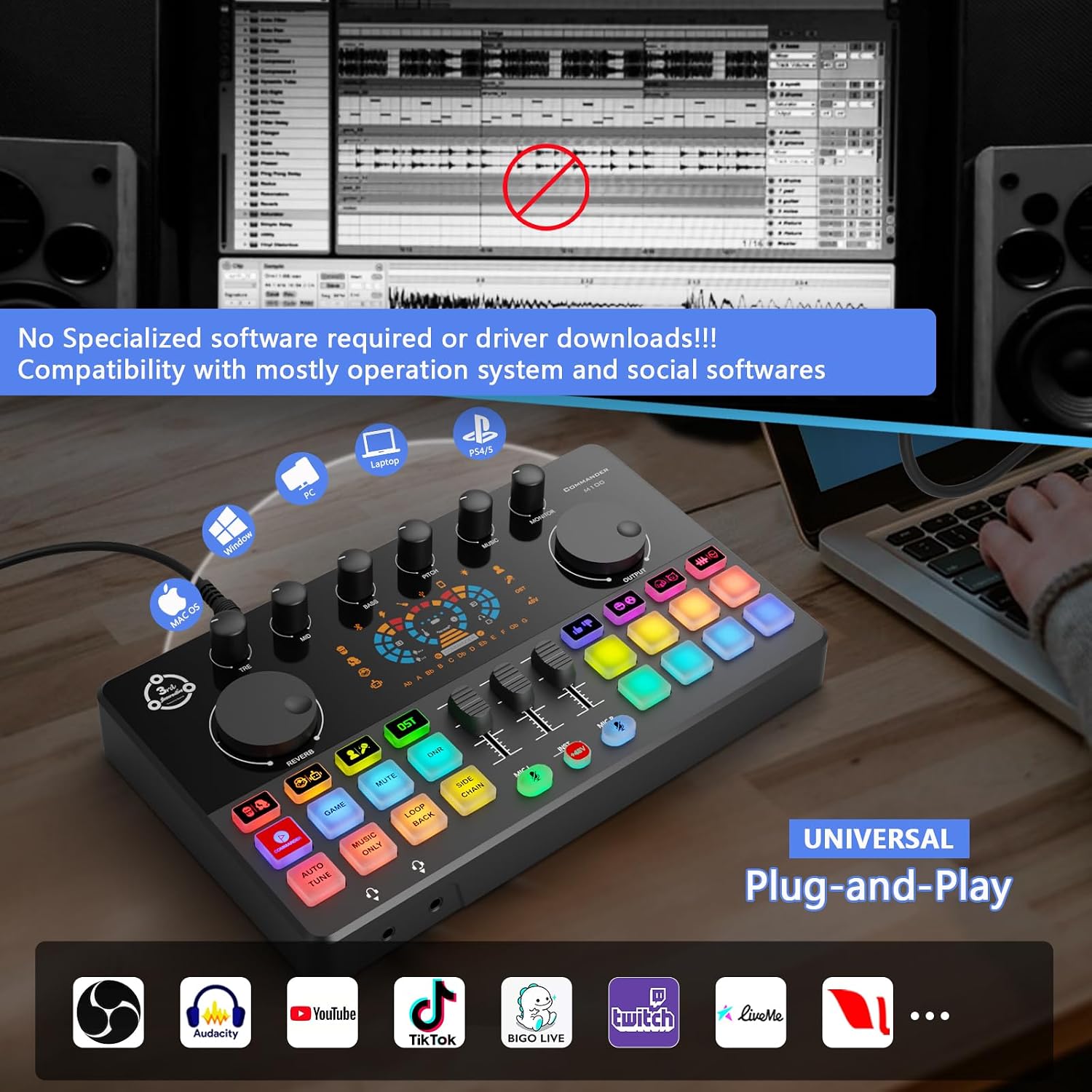 Podcast Equipment Bundle for 2, Audio Mixer with XLR Dynamic Microphone, Voice Change,RGB for Vocal Recording Podcasting,Streaming Singing TikTok, PC, Smartphone COMMANDER M100 3rd