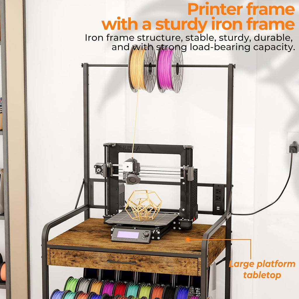 3D Printer Stand with Power Hub and Top Storage Shelf – Heavy Duty X-Bracket Stability, 3-Tier Storage & Tool Organizer for Workshop and Office