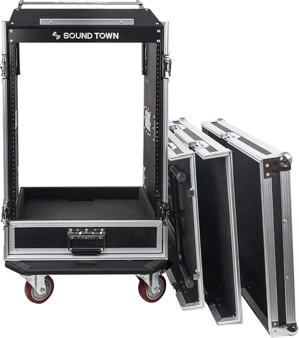Sound Town 16U PA DJ Pro Audio Rack/Road ATA Case with 2U Drawer, 11U Slant Mixer Top, DJ Work Table, Casters, Pro Tour Grade (MR-DR16UT)