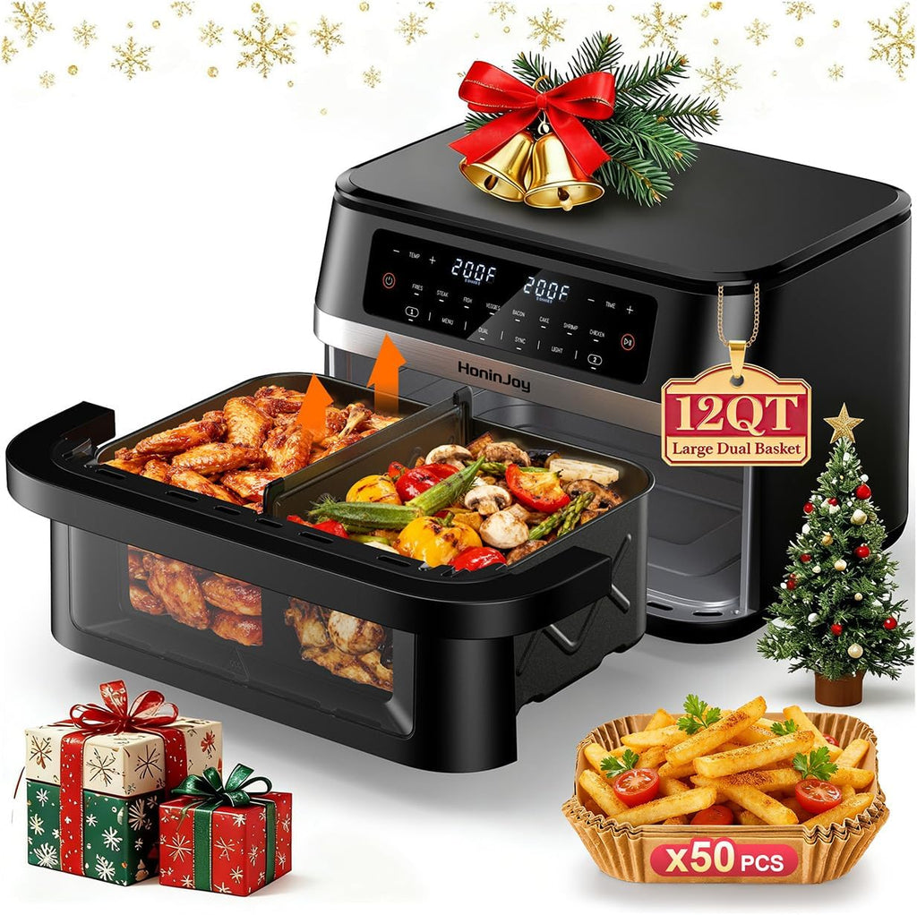 12QT Large Dual Basket Air Fryer with Flex Basket, Viewing Window and 50PCS Paper Liners, 12-in-1 Family Size with Sync & Dual & Light, Double Zone for Bake, Roast, Reheat, Dishwasher Safe