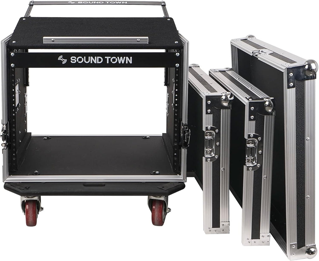 Sound Town High-Quality 1/2' (12mm) Plywood 8U PA DJ Pro Audio Rack/Road ATA Case with 11U Slant Mixer Top, Locking Drawer, 20.2'' Rackable Depth and Casters (STMR-8D2)