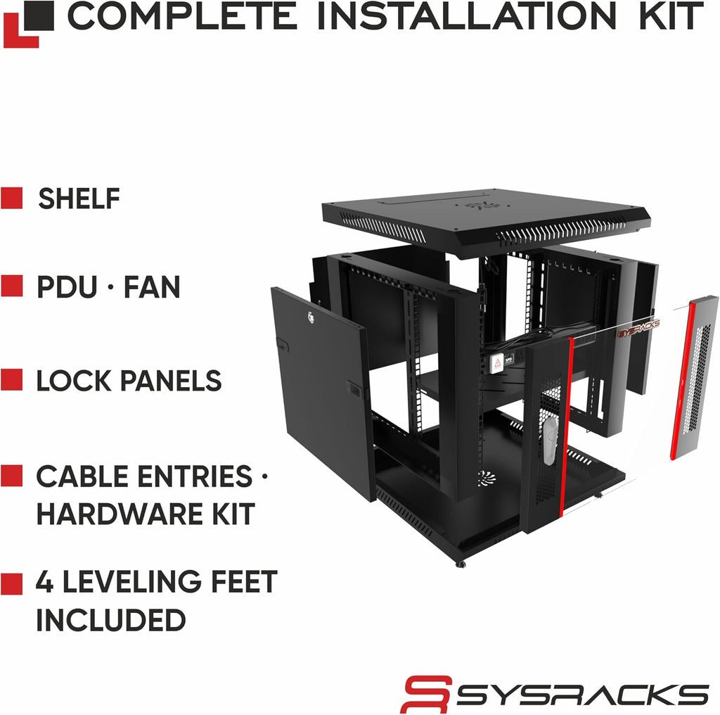 9U Wall Mount Home Lab Server Rack – 19' Locking Network Cabinet, 18' Deep Router & AV Rack with Fan, PDU and Shelf for NAS, Switches and Home Network Equipment