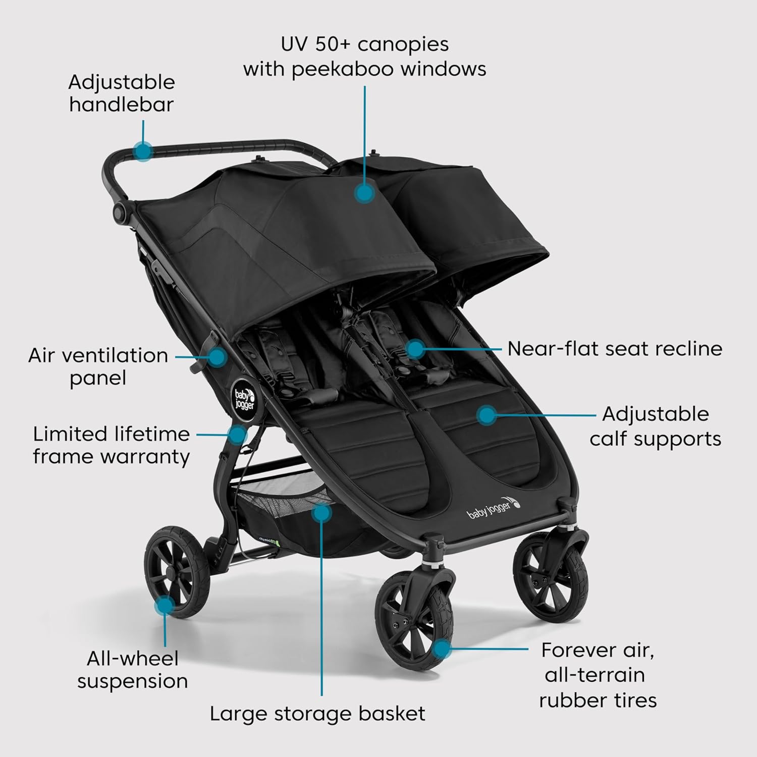 Baby Jogger® City Mini GT2 All-Terrain Side by Side Double Stroller, Twin Stroller for Newborns and Toddlers, Compatible with Britax, Cybex, Graco, and Maxi Cosi Infant Car Seats, Jet Black