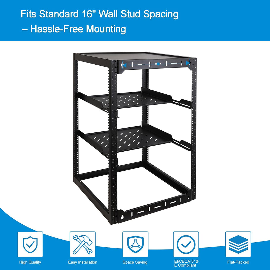 RackPath 20U Open Frame Network Rack with 2X 14in Vented 1U Shelves Rear Support, Wall Mount/Floor Standing Network Cabinet, Heavy Duty 150 lbs Capacity for IT & AV Gear, Audio and Video Device