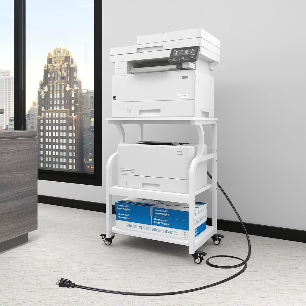 Natwind Large Printer Stand, 24''x20''x29'' Printer Table with Adjustable Storage Shelf, 3 Tier Rolling Cart with Wheels, Multifunctional Home Office Shelves for Heat Press, 3D Printer (White)