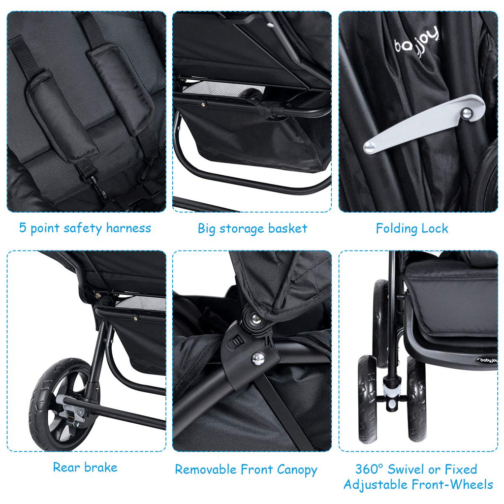 BABY JOY Double Stroller, Foldable Lightweight Twin Stroller with Tandem Seating, Adjustable Backrest/Canopy/Footrest, 5-Point Harness, Storage Basket, Newborn and Toddler (Black)