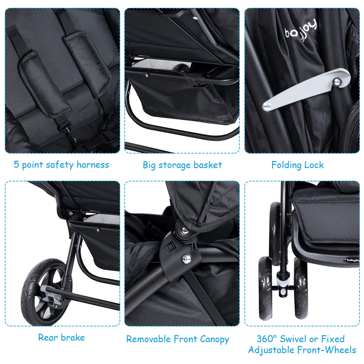 BABY JOY Double Stroller, Foldable Lightweight Twin Stroller with Tandem Seating, Adjustable Backrest/Canopy/Footrest, 5-Point Harness, Storage Basket, Newborn and Toddler (Black)