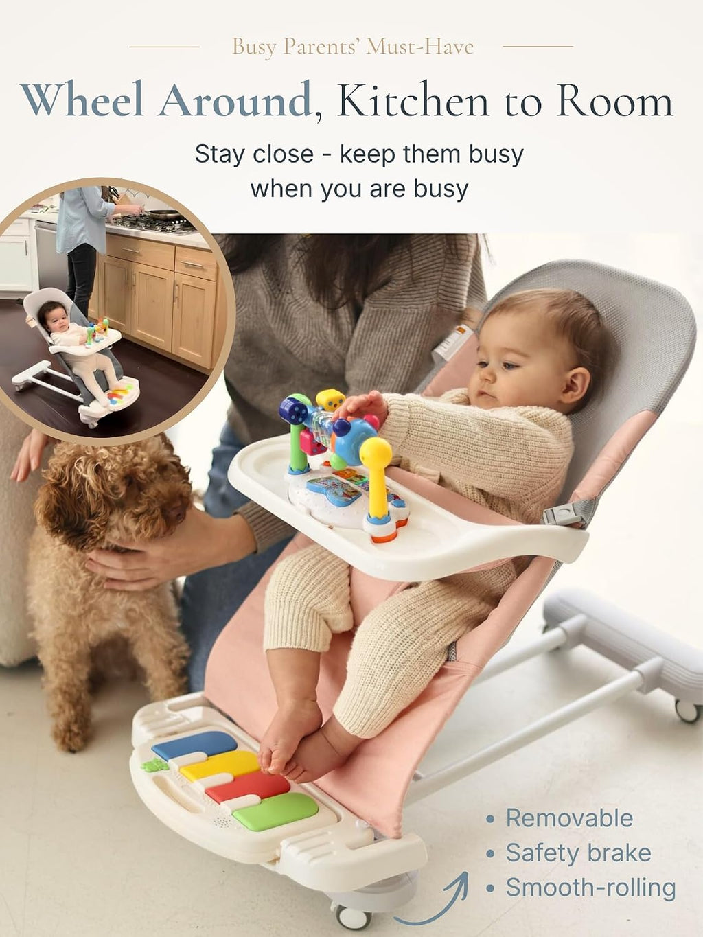 CuddoBaby Baby Bouncer 4-in-1 on Wheels |Detachable Pianos, Feeding Tray| 3-Level Recline Foldable Seat with Play Bar for Infant to Toddler 0-6, 0-12, 12-24 Months, Girl Gift Idea - Pink
