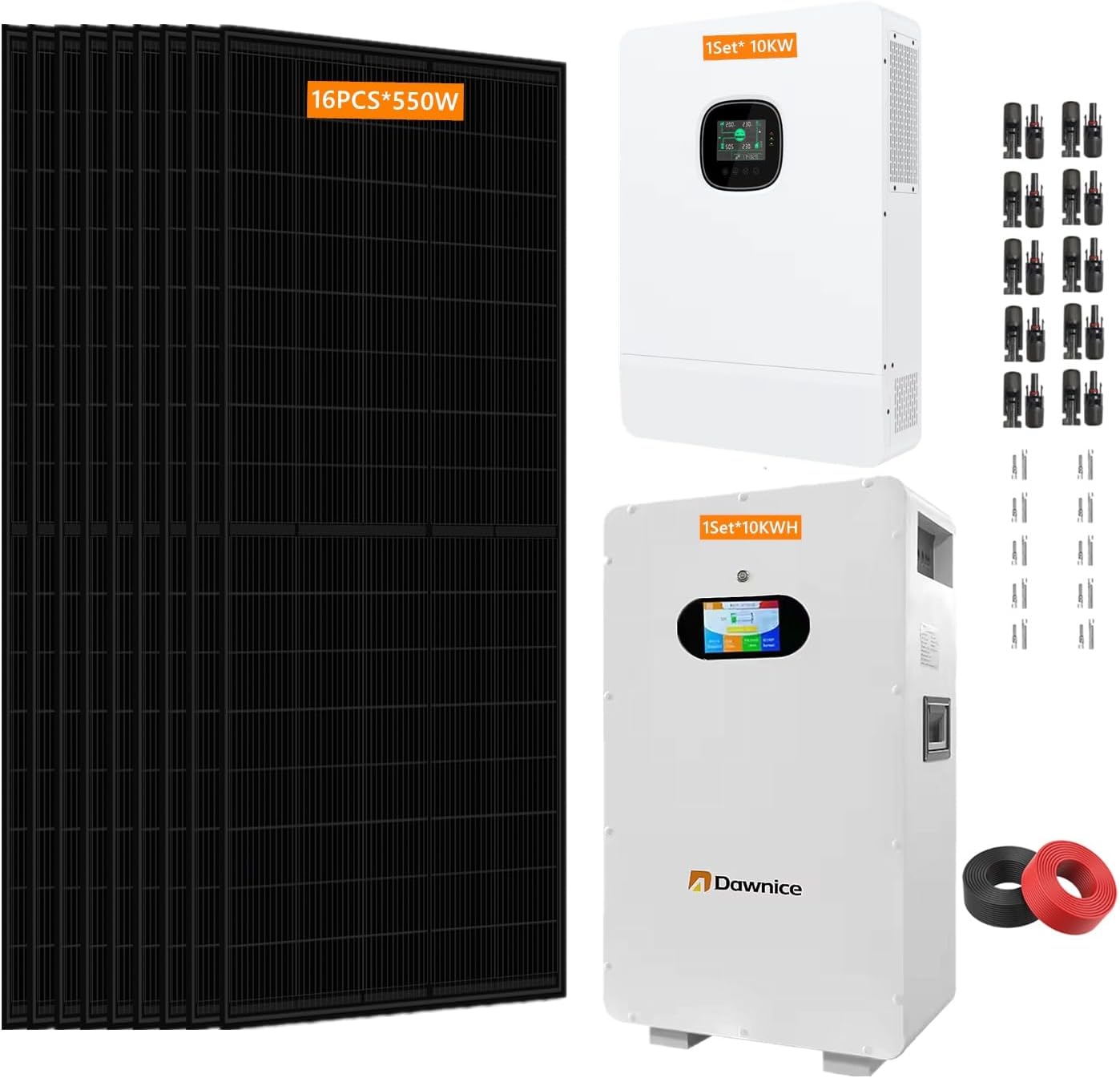 10KW Off Grid Solar System Complete Kit 10KWH Kit Home Solar Power System Complete Kit with 16PCS*550W Solar Panels,1Sets 48V 10KW Off Grid Inverter, 1Sets 10KWH 51.2V 206Ah LiFeP04 Battery