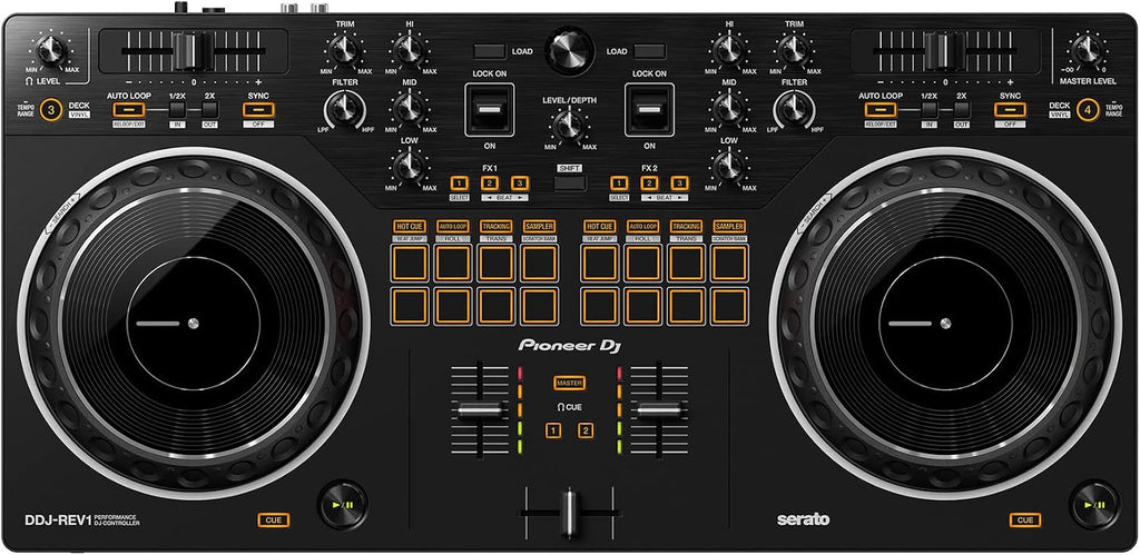 Pioneer DDJ-REV1 Scratch-Style 2-Channel DJ Controller for Serato DJ Lite - Black Bundle with Laptop Stand, Headphones and, Austin Bazaar Polishing Cloth