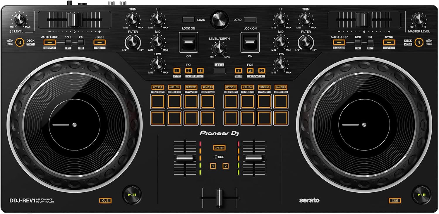 Pioneer DDJ-REV1 Scratch-Style 2-Channel DJ Controller for Serato DJ Lite - Black Bundle with Laptop Stand, Headphones and, Austin Bazaar Polishing Cloth