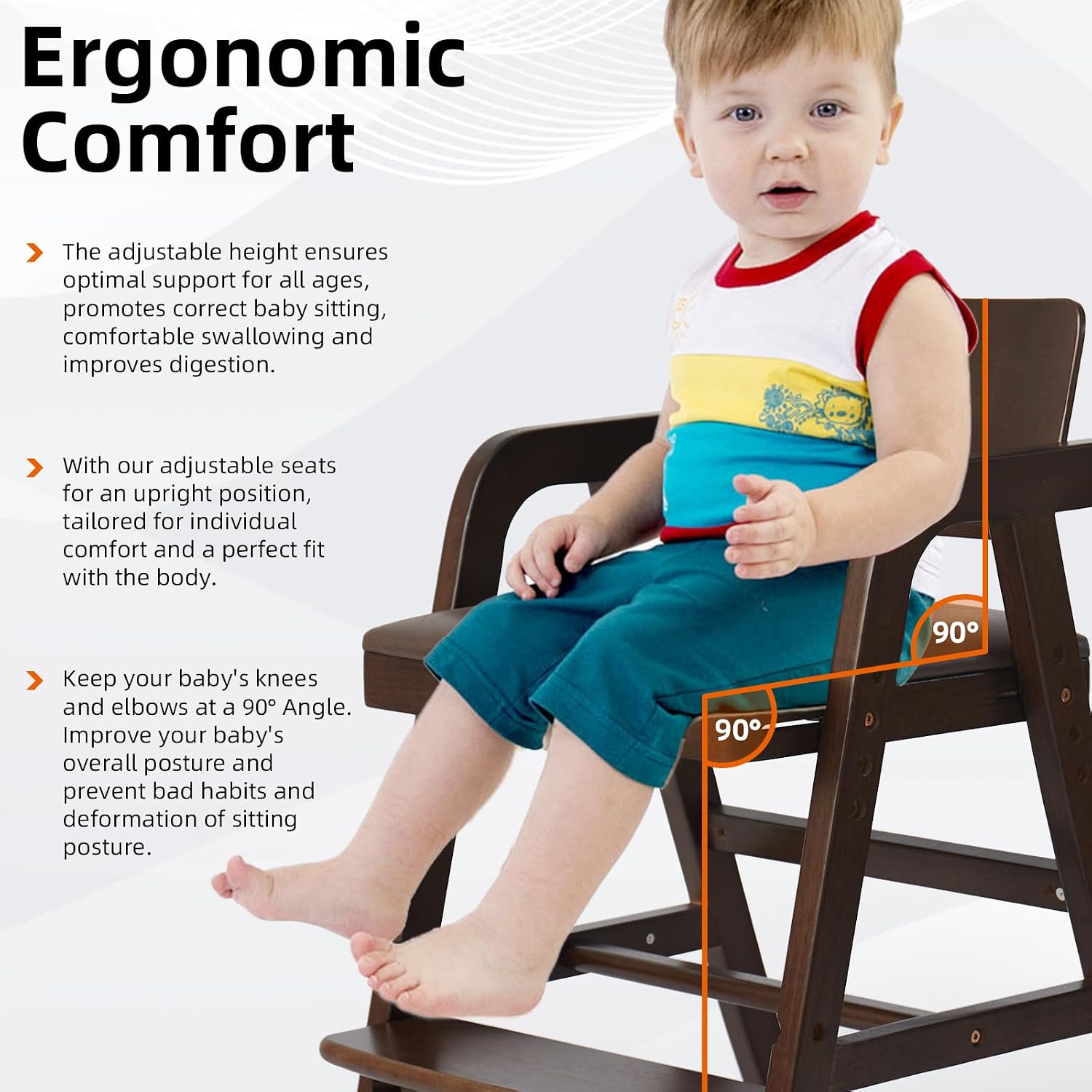 Wooden High Chair for Toddlers & Baby, Adjustable Dining Feeding Chair Grows with Kid, Ergonomic High Chair for Babies, Wipe Clean Skin-Friendly Cushion, for Home & Restaurant - Walnut