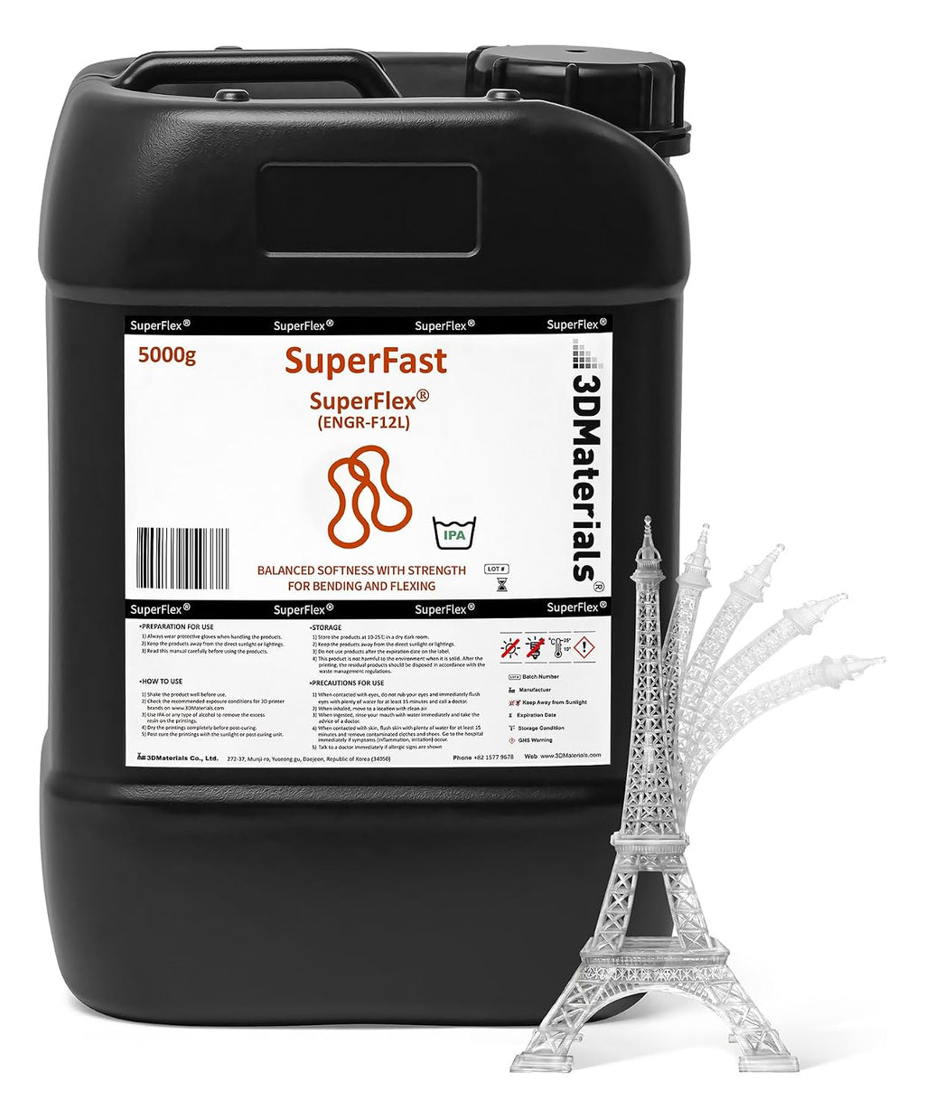 SuperFlex 3D Printer Resin, Softness 80A Simulating Flexible Rubber, Made in Korea by 3DMaterials (5000g, Clear)