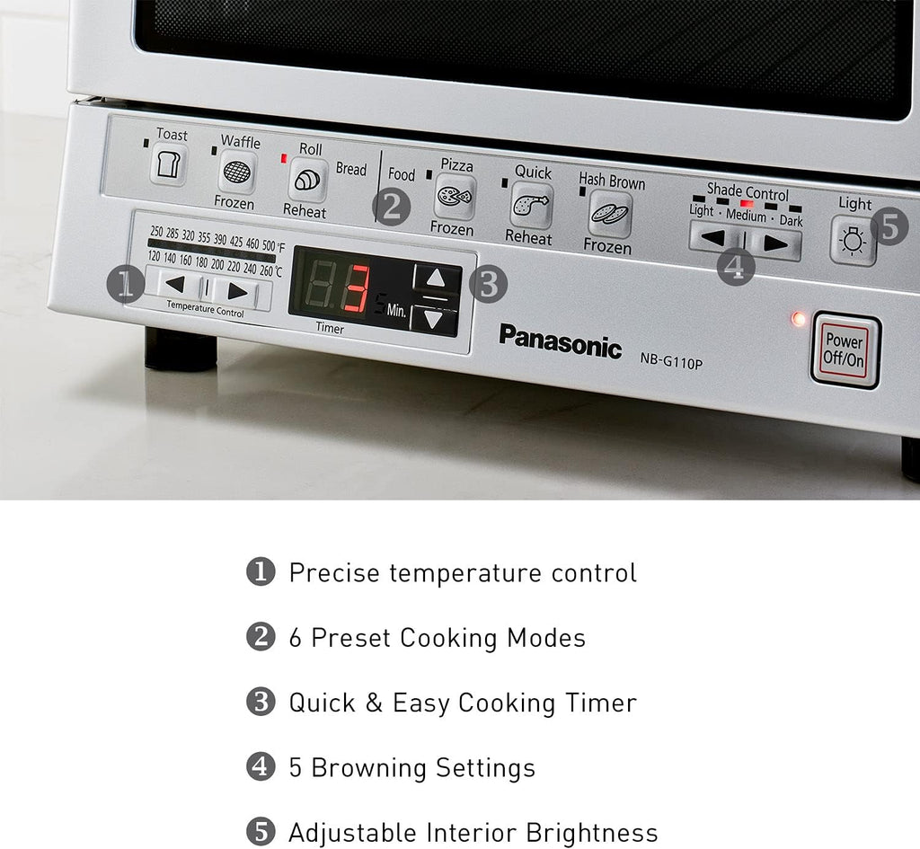 Panasonic FlashXpress Toaster Oven Countertop, 4-Slice Small Toaster Oven Compact Size with Double Infrared Heating, 6 Auto Cook Options and Precise Temperature Control, 1300W - NB-G110P (Silver)