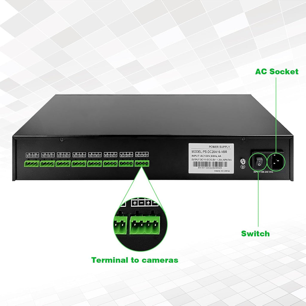 DC 16 Channel VBR CCTV 12V 20A Distributed Power Supply Rack Mount, PTC Reset Fuse,（UPS） Uninterruptible Power Supply System Function，Adjustable Output Voltage，for Security Cameras, DVR，NVR