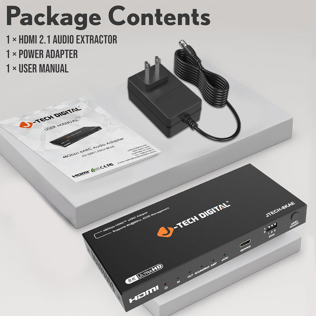J-Tech Digital 8K HDMI Audio Extractor with eARC ARC 8K 60Hz 4K 120Hz, HDMI to Optical L/R Converter Adapter, HDCP 2.3 HDR CEC EDID [JTECH-8KAE]