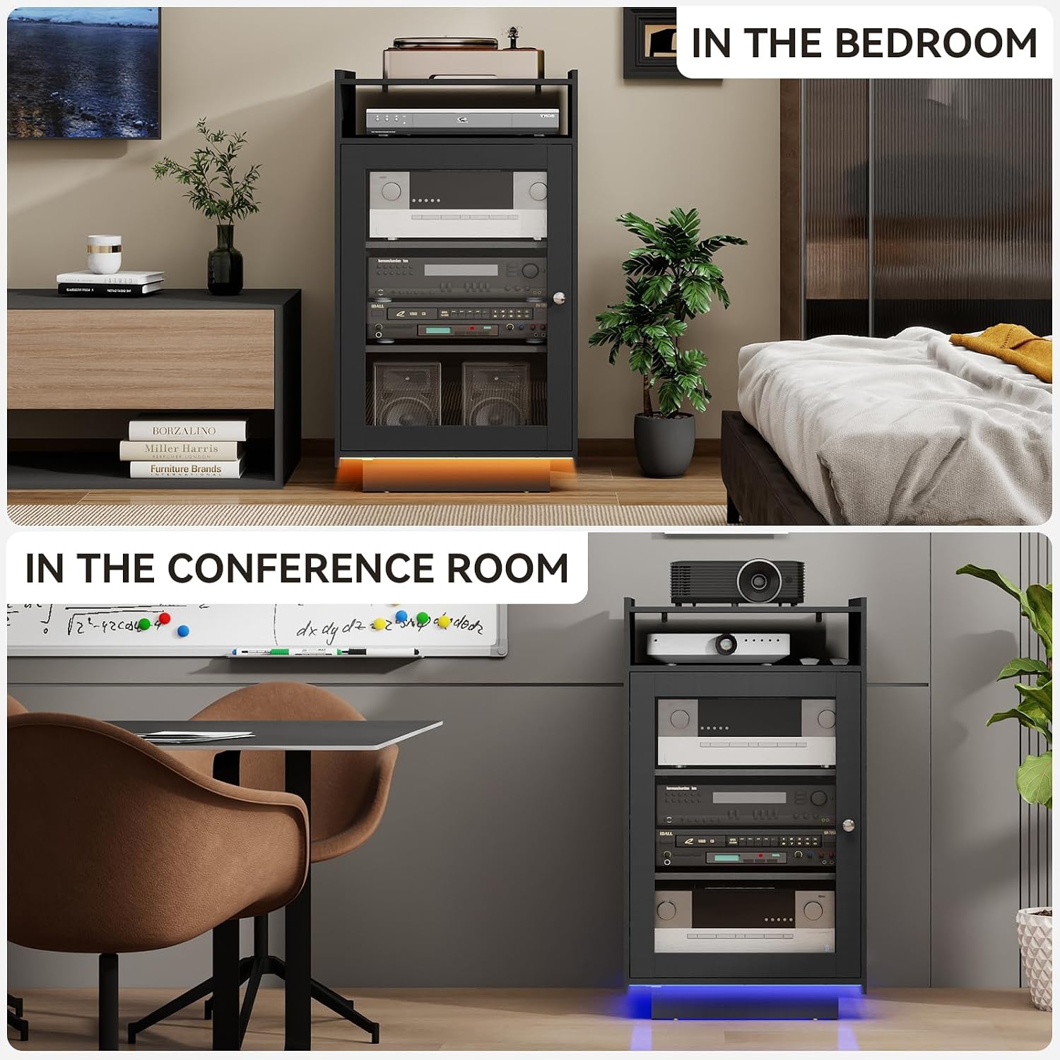ELECWISH Media Cabinet with Tempered Glass Door, 5-Tier Stereo Cabinet with Adjustable Shelf, Media Stand with LED Light, AV Rack with Cable Management