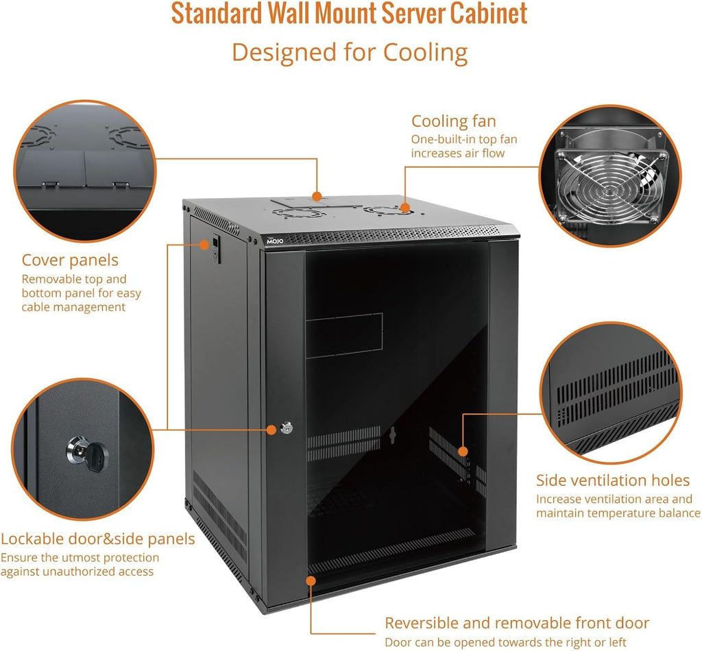 Tecmojo 15U Wall Mount Rack Network Cabinet for 19' IT Equipment,with Lockable Glass Door and Side Panels,Cooling Fan,17.7inch Depth,Black (15U)