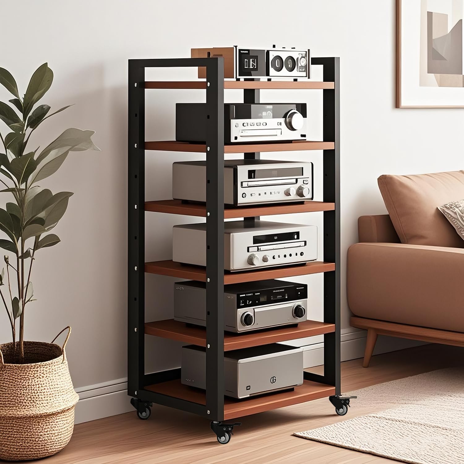 6 Tier AV Media Stand, Movable Record Player DVD CD Audio Rack Tower Holder, Adjustable Entertainment Video Game Equipment Console Shelf for Home/Office/Theater (Brown)