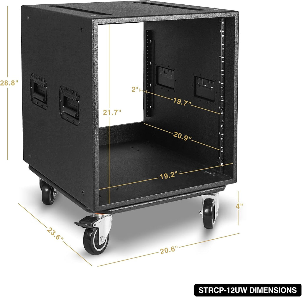 Sound Town 12U PA/DJ Rack/Road Case with 12-Space, Industry-Grade 0.7' (18mm) Plywood with Polyurea Coating, Rain Cover, Casters, 21.7' Rackable Depth - Pro Tour Grade (STRCP-12UW)