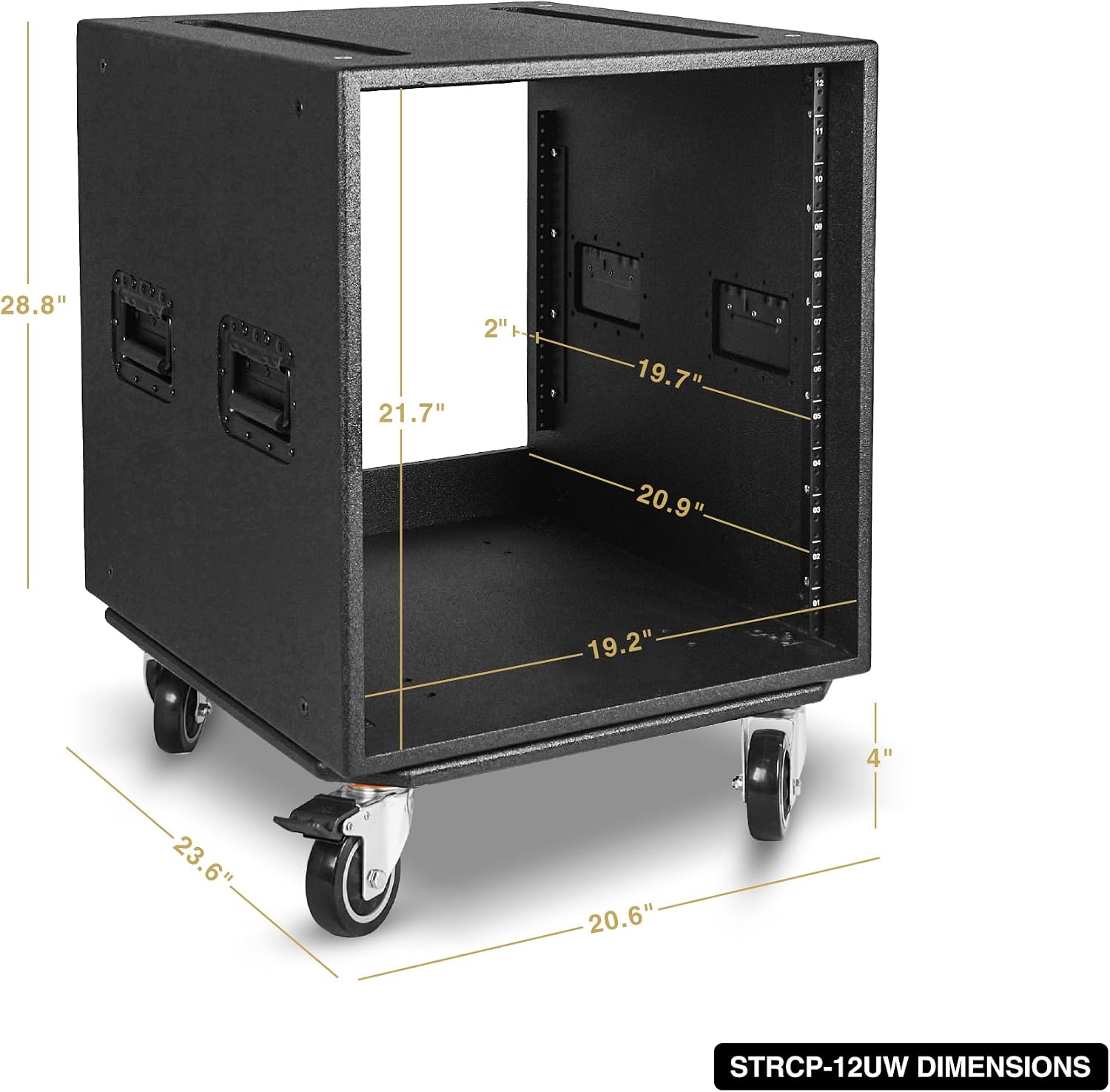 Sound Town 12U PA/DJ Rack/Road Case with 12-Space, Industry-Grade 0.7' (18mm) Plywood with Polyurea Coating, Rain Cover, Casters, 21.7' Rackable Depth - Pro Tour Grade (STRCP-12UW)