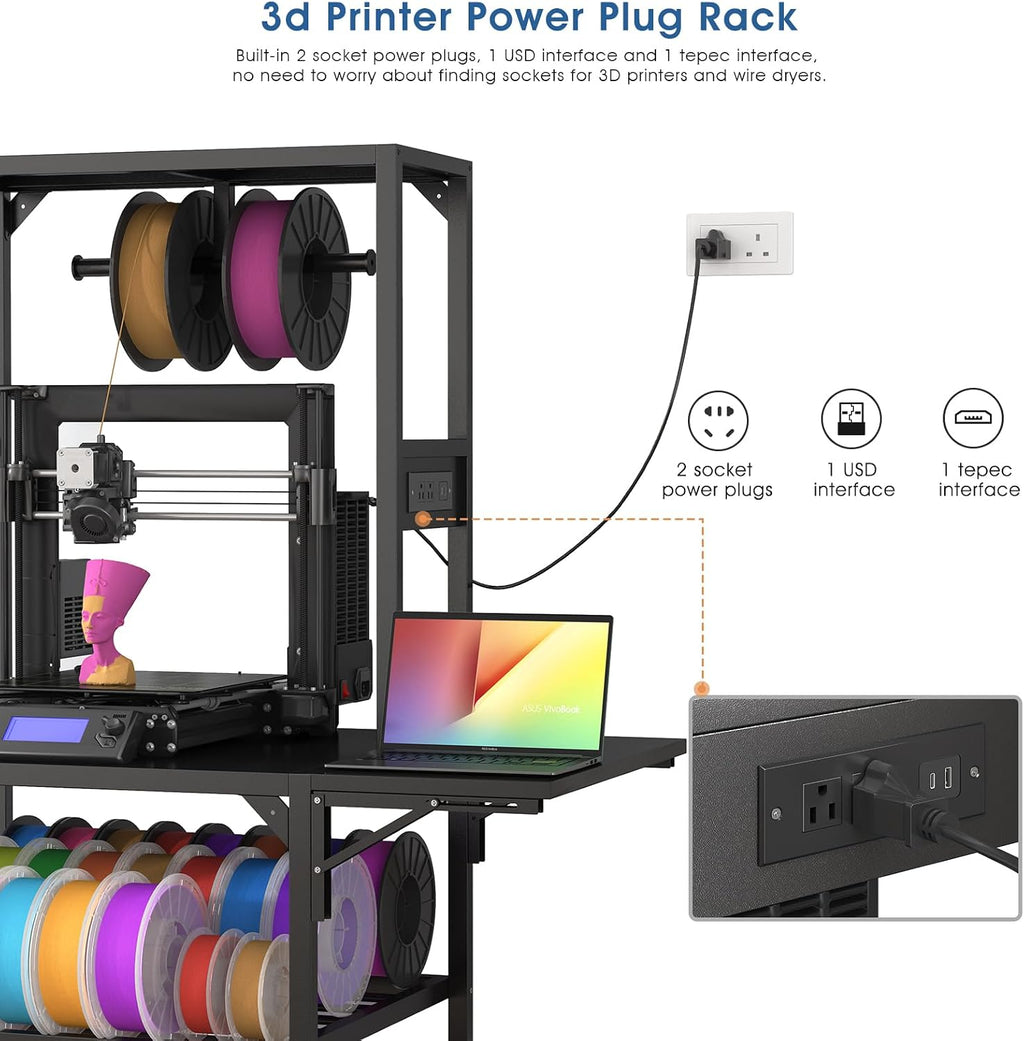 3D Printer Stand with Filament Storage, Foldable Metal 3D Printer Table Desk Cart with Wheels and Filament Spools Holder Rack, Heavy Duty 3D Printing Workbench for Studio Home Office Workshop