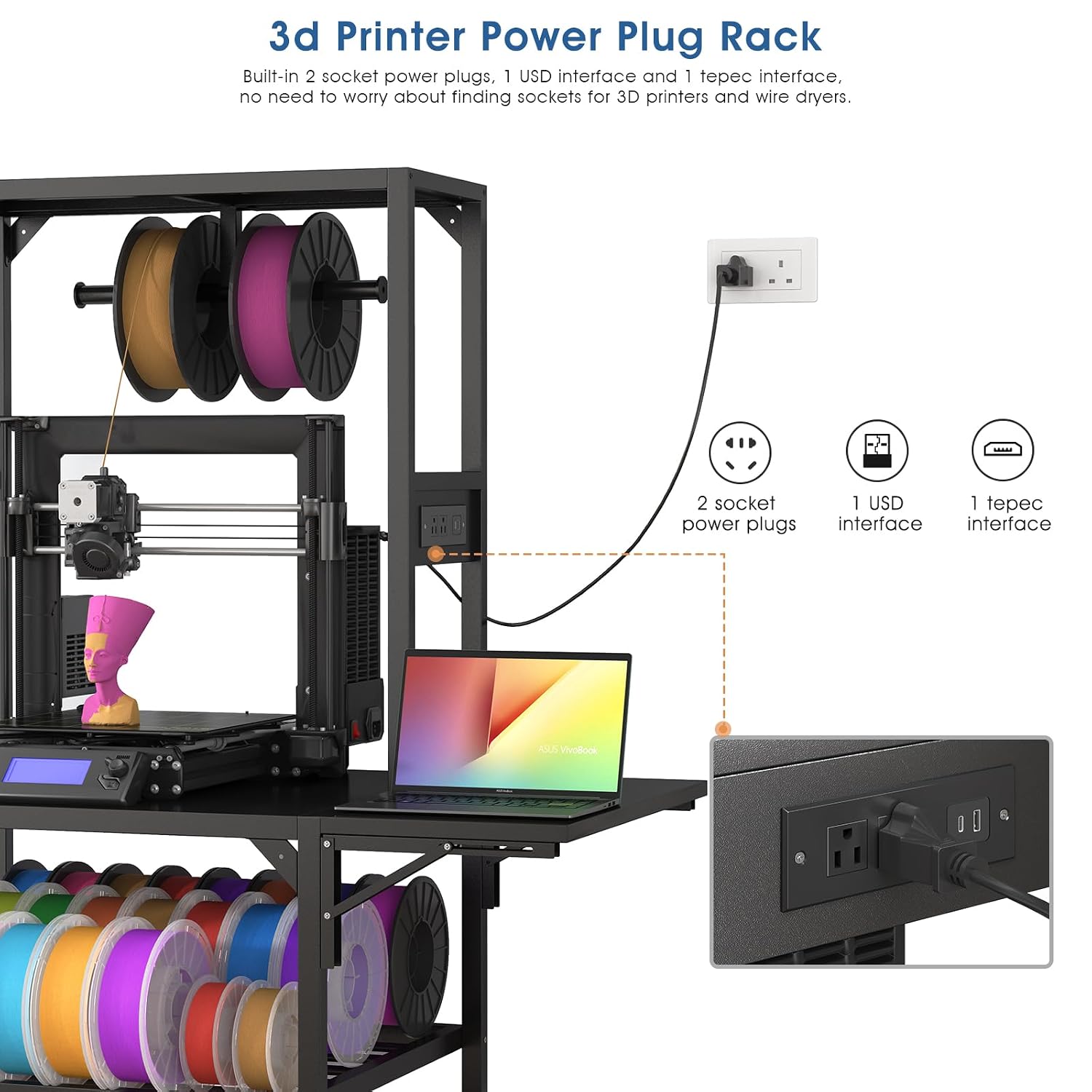 Runboll 3D Printer Stand, Heavy Duty 3D Printer Table Stand with Filament Storage Rack, T-Shaped Spools Holder Rack with Wheels,3D Printer Workbench for 3D Printing Studio, Home Office Workshop
