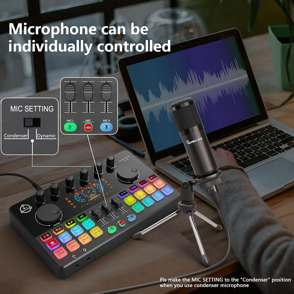 Podcast Equipment Bundle for 2, Audio Interface DJ Mixer with 3.5mm Condenser Microphone for PC, Smartphone, Voice change,RGB for Recording, Streaming, Podcasting, Gaming, COMMANDER M100 3rd