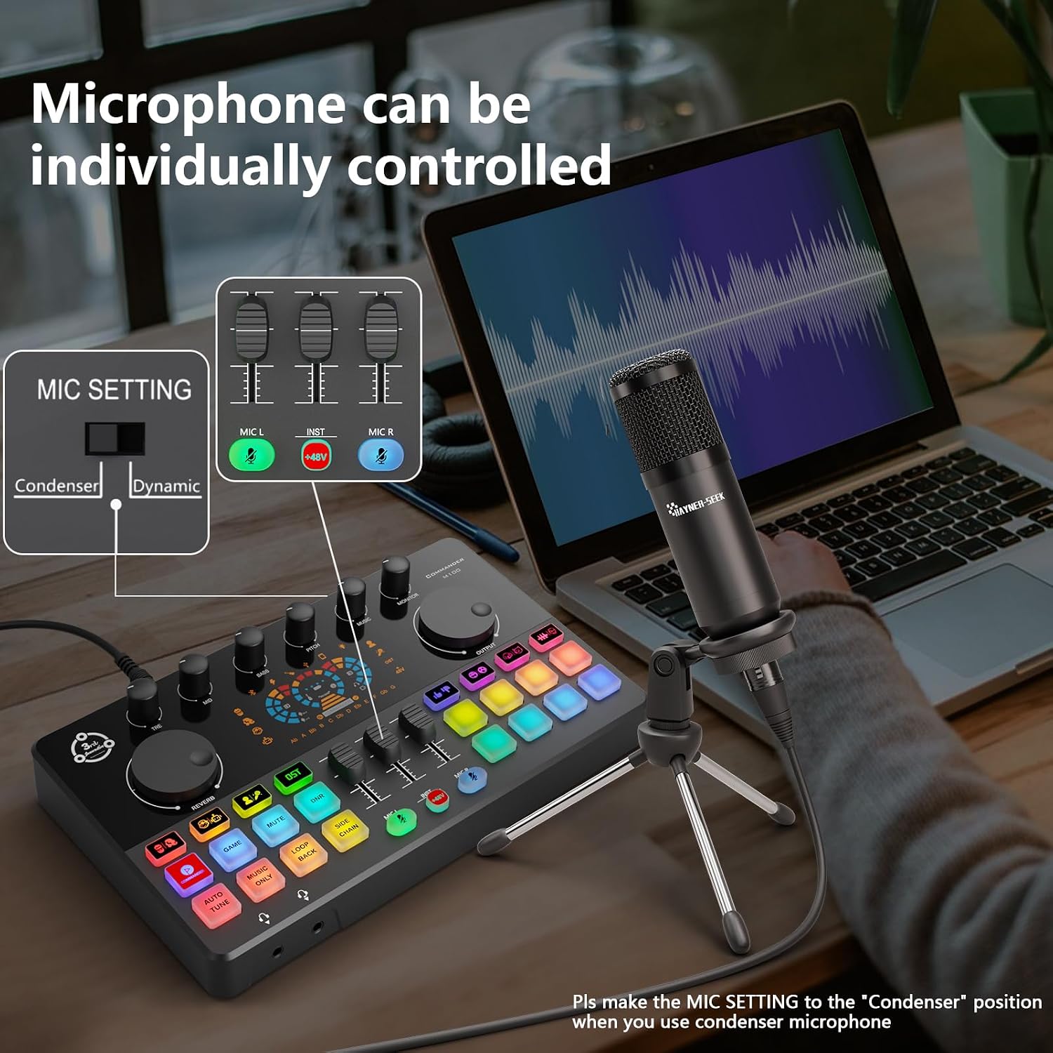 Podcast Equipment Bundle for 2, Audio Interface DJ Mixer with 3.5mm Condenser Microphone for PC, Smartphone, Voice change,RGB for Recording, Streaming, Podcasting, Gaming, COMMANDER M100 3rd