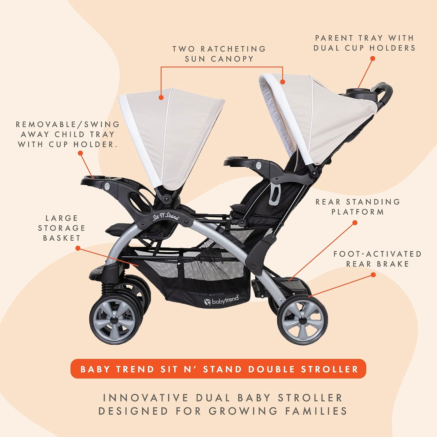 Baby Trend Double Infant and Toddler Stroller w/ Harness and Basket, Sit N' Stand, Khaki