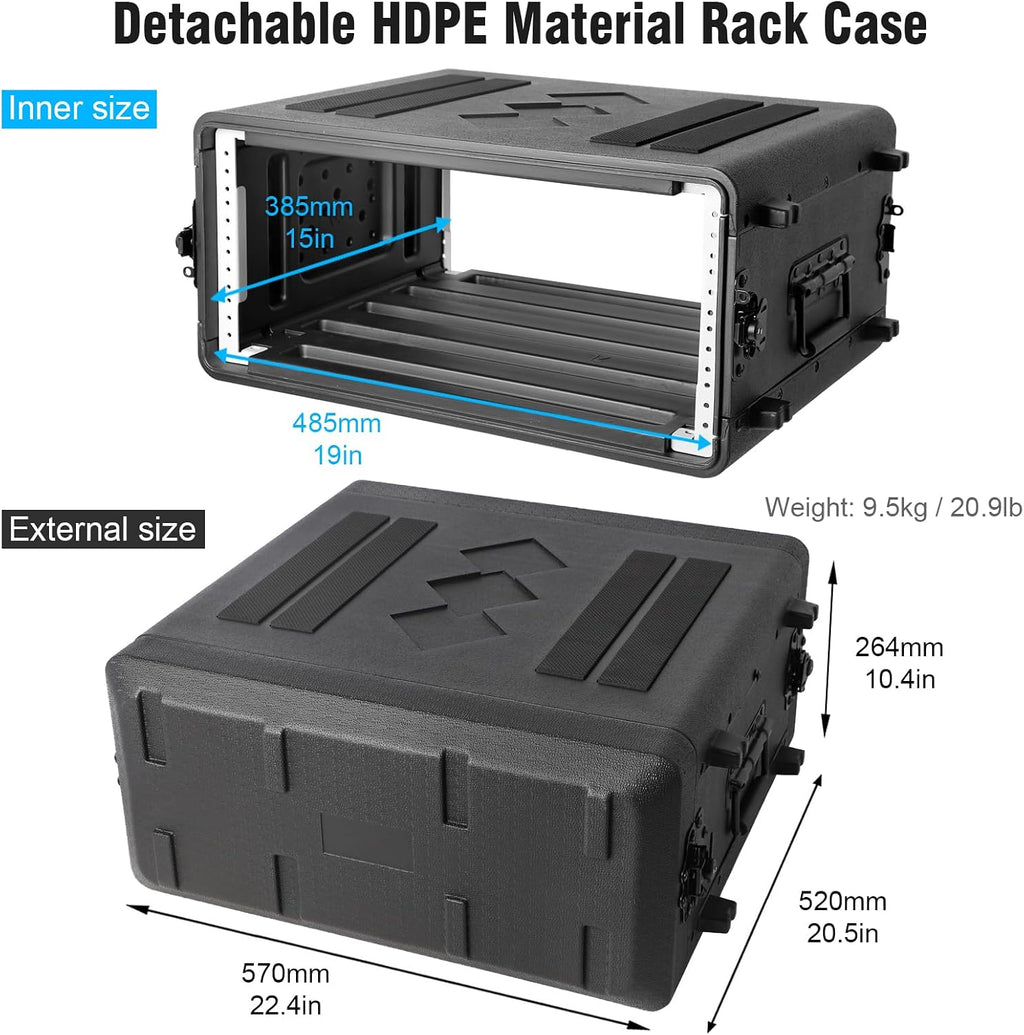 Diandian 4U Rack Case Shallow 16' Depth, 19' Rackmount Flight Case, Watertight Dust-Proof, Shock Mount for Amplifier, Pro Audio, DJ Mixer, Effects with Microphone Compartments