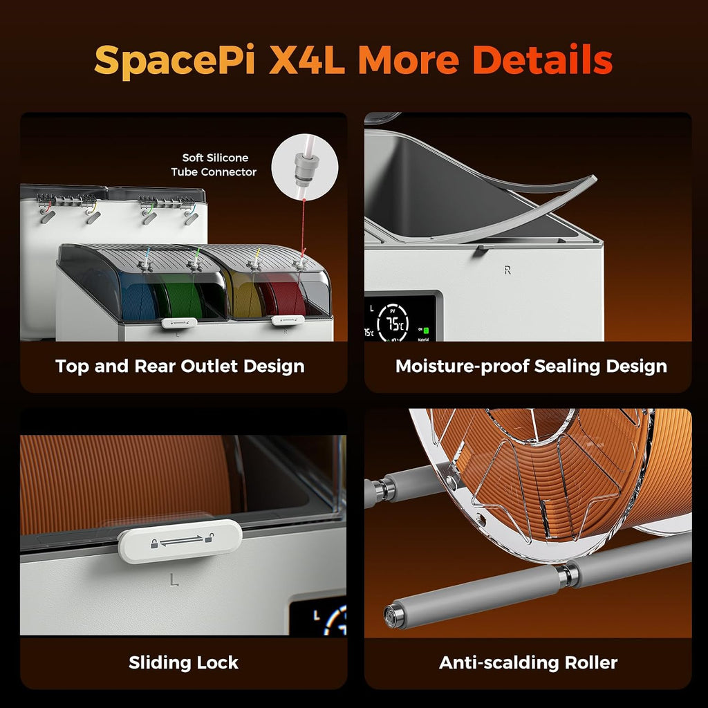 Creality Filament Dryer Box 4 Spool, SpacePi X4L 3D Printer Filament Storage Box, Dual Independent Heating Chambers, Rapid Heating Up to 75℃, Active Dehumidification, Fits PLA,PETG,ABS,TPU,Nylon,etc