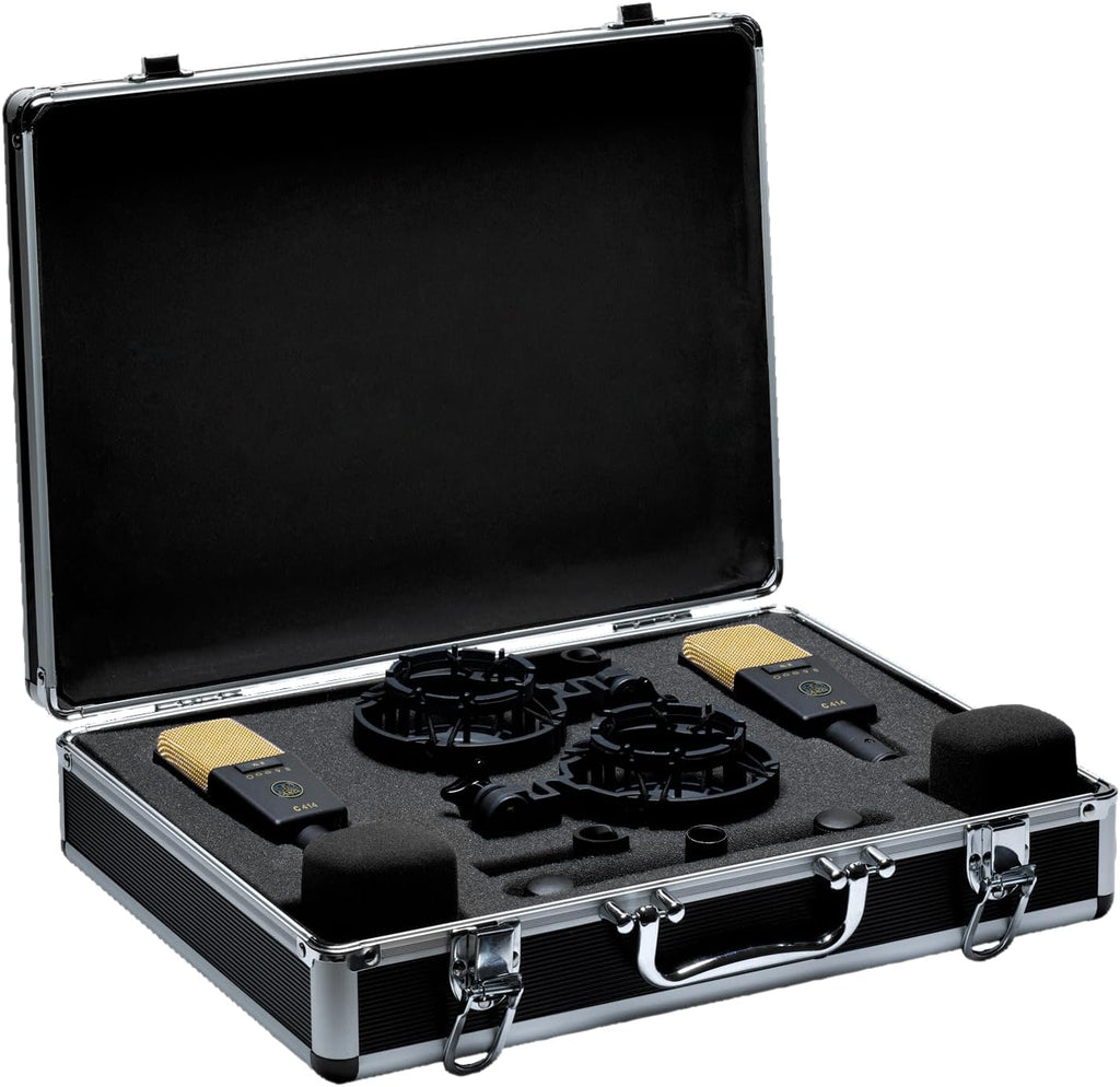 AKG Pro Audio C414 XLII Stereoset Large-Diaphragm, Vocal, Instrument Condenser Microphone, Multipattern, Live Sound or Studio, with Accessories, and Hard Case, Matched Pair. Black and Gold