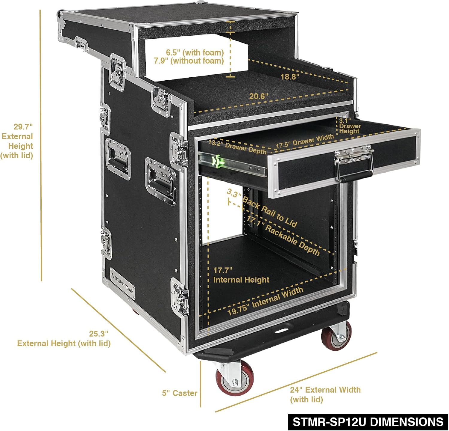 Sound Town Shock Mount 12U ATA Rack Case with 20' Rackable Depth, 11U Slant Mixer Top and Casters, 12-Space Size - Pro Tour Grade (STMR-SP12UW)