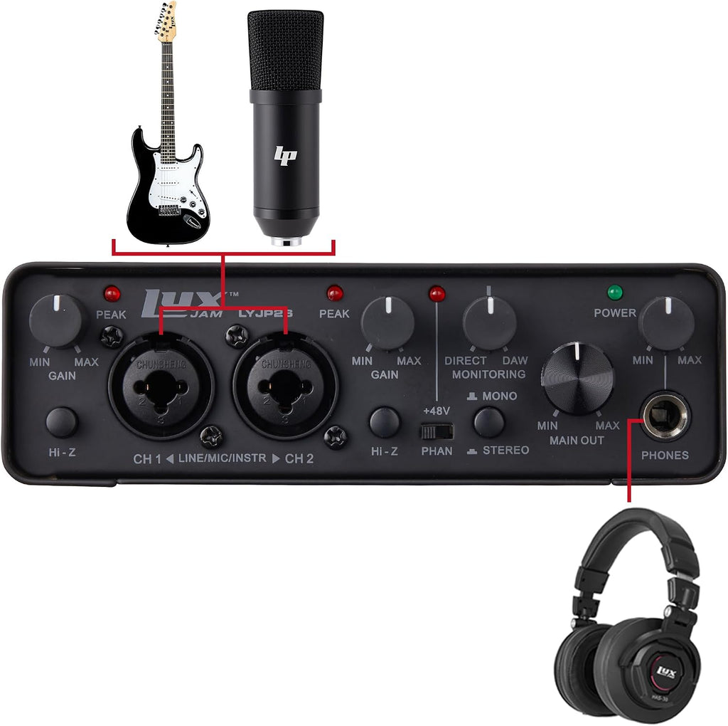 LyxJam 2x2 USB Audio Interface Bundle with ASIO, White PreSonus Eris 3.5 Studio Monitors, Bluetooth MIDI Pad Controller, Condenser Mic, Headphones, Isolation Shield & Software