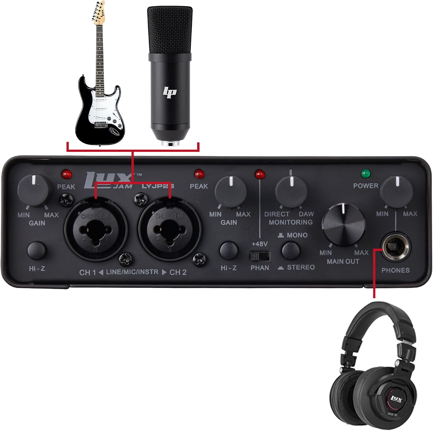 LyxJam 2x2 USB Audio Interface Bundle with ASIO, White PreSonus Eris 3.5 Studio Monitors, Bluetooth MIDI Pad Controller, Condenser Mic, Headphones, Isolation Shield & Software