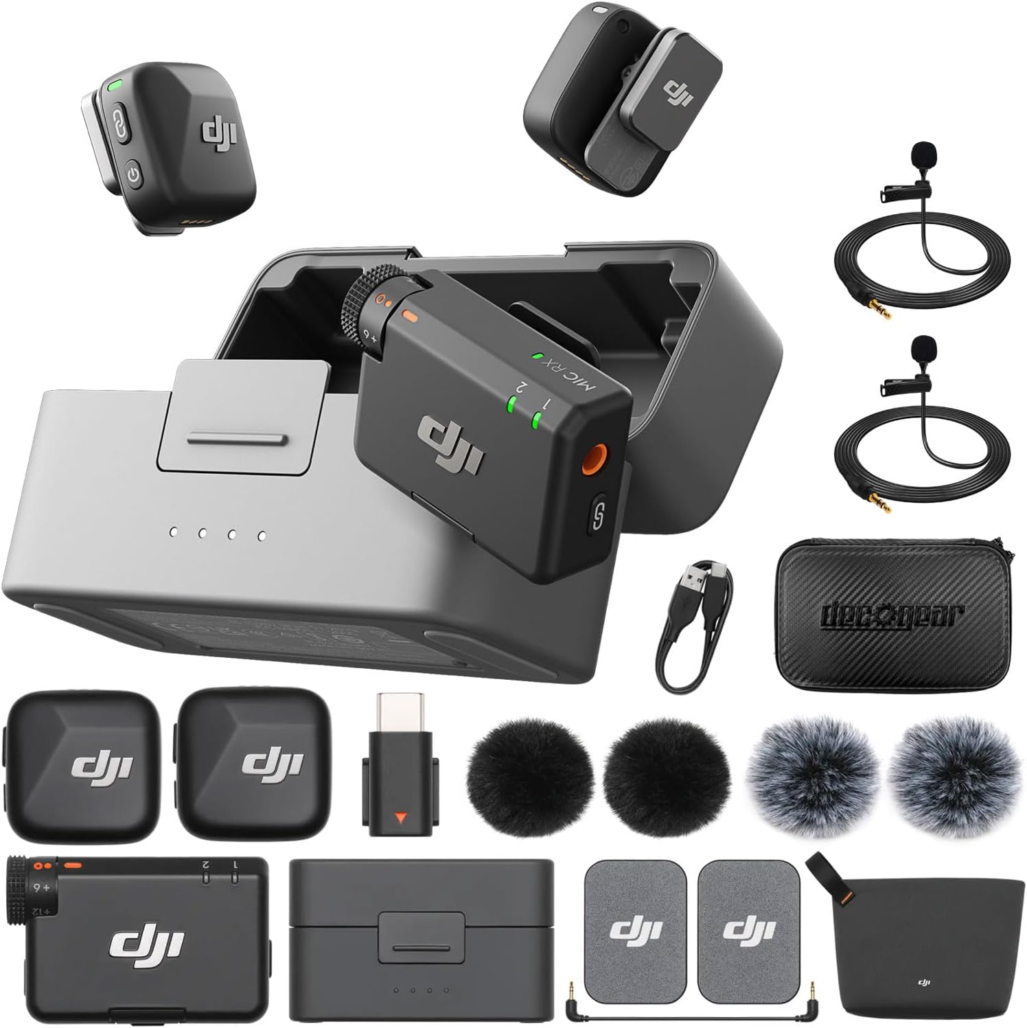 DJI Mic Mini (2 TX + 1 RX + Charging Case) Wireless Lavalier Microphone, Ultralight, Noise Cancelling, Up to 48-Hour Battery Life Bundle with 2 x Deco Gear Lapel Microphone and 5' EVA Case