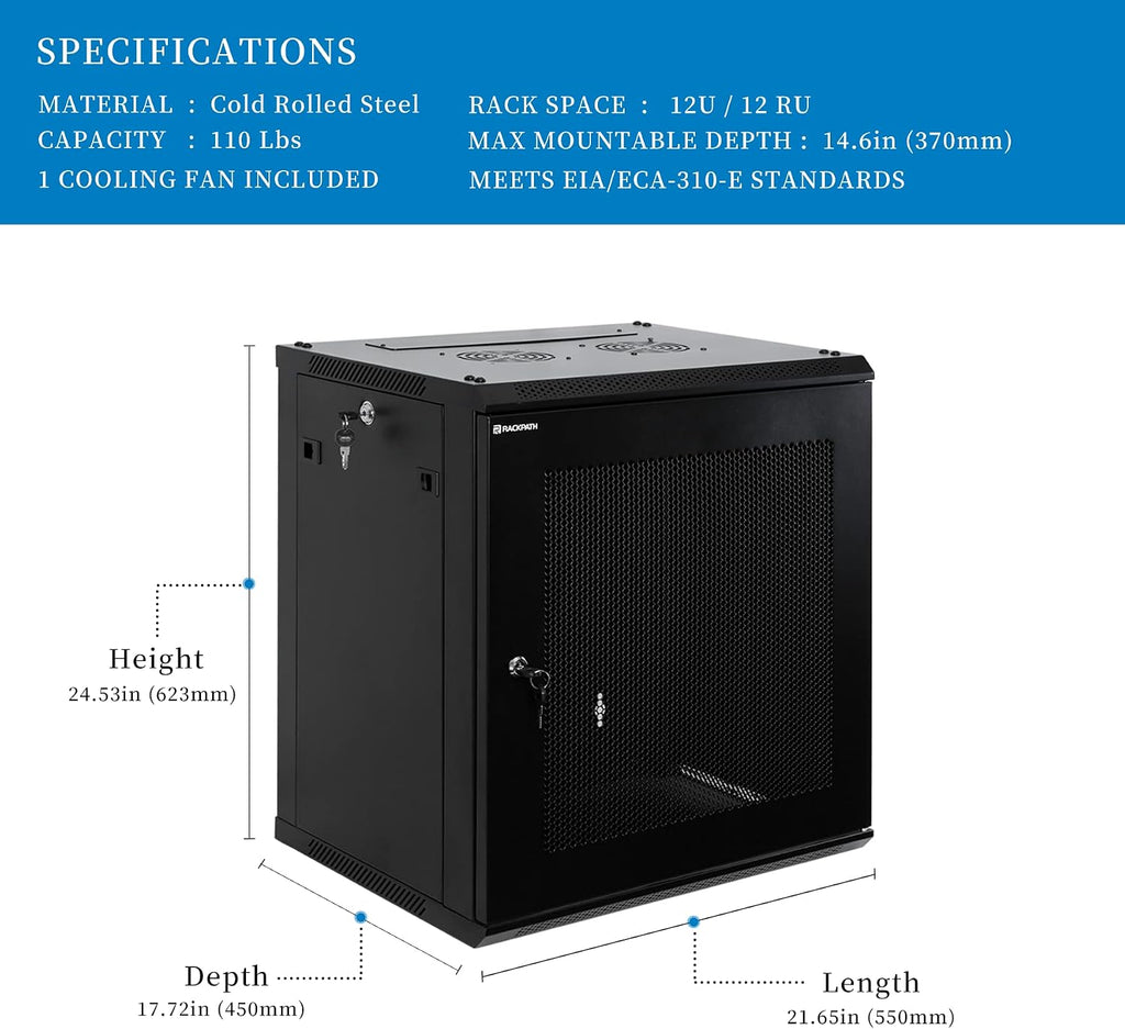 RackPath 12U Wall Mount Server Cabinet Network Rack Enclosure, Quiet Cooling Fan, Perforated Door, Black