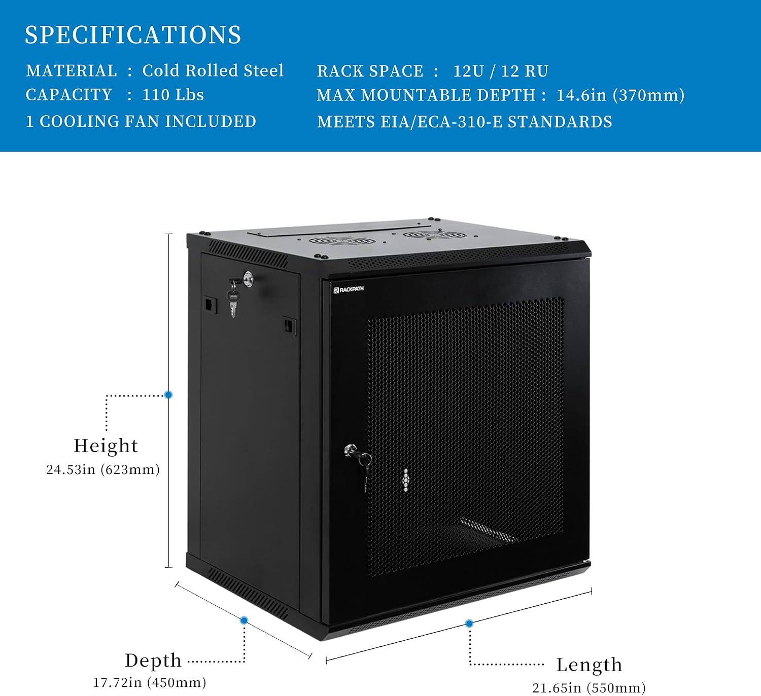RackPath 12U Wall Mount Server Cabinet Network Rack Enclosure, Quiet Cooling Fan, Perforated Door, Black