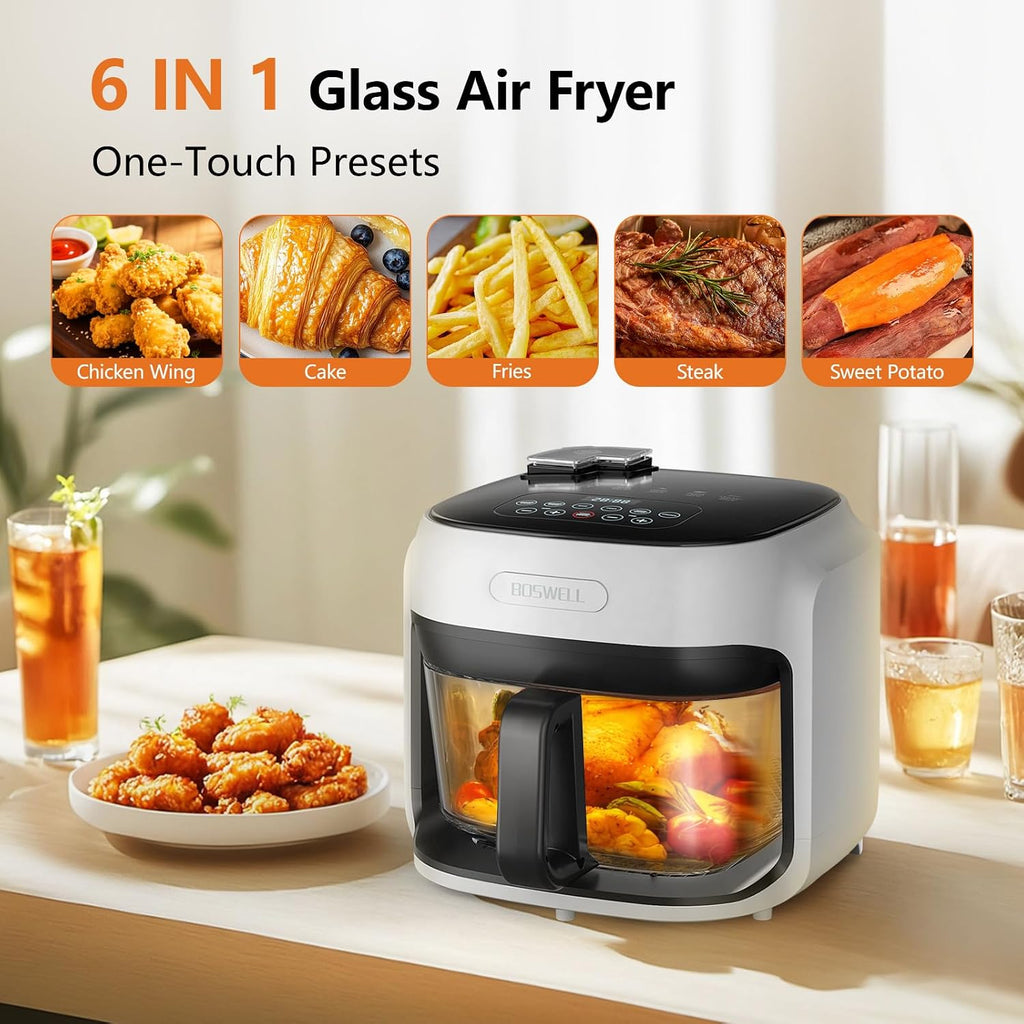 BOSWELL Glass Air Fryer, 7.5QT Borosilicate Bowl with Circulating Heat, Digital Touchscreen, 400°F Max Temp, Oil-Free Fryer with Mist Function, Dishwasher Safe (White)