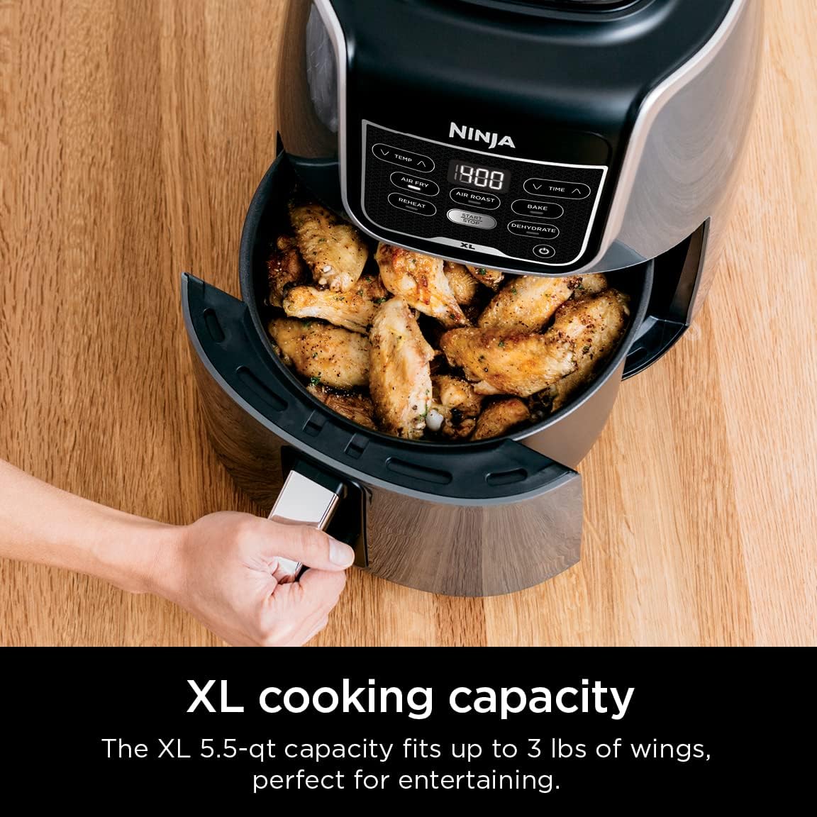 Ninja XL Air Fryer | 5.5 QT Capacity fits 3lbs of Wings | 5-in-1 Air Fry, Roast, Bake, Reheat & Dehydrate | 400°F Max Temp | 1750 Watts | With Dishwasher Safe Parts & Recipe Guide | Grey | AF150AMZ