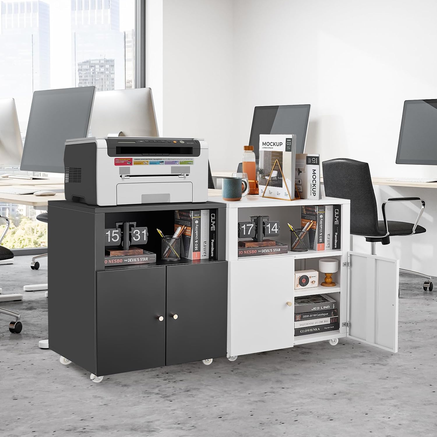 Metal Printer Stand with Storage, Heavy Duty Rolling Printer Cabinet with Doors and Adjustable Shelves, Large Printer Table Stand with Wheels for Office Copier Fax, Black