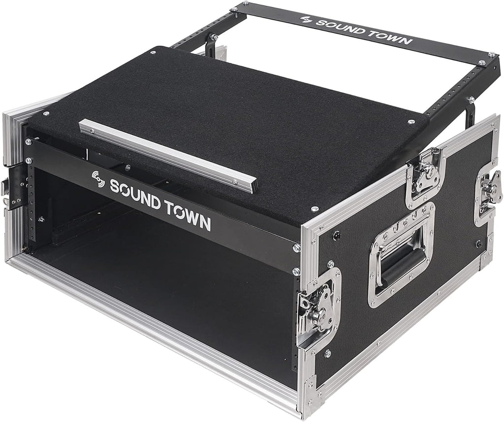 Sound Town 4U PA DJ Pro Audio Rack/Road ATA Case with 11U Slant Mixer Top, 20.2' Rackable Depth, 4 Space Size - Pro Tour Grade (STMR-4U)